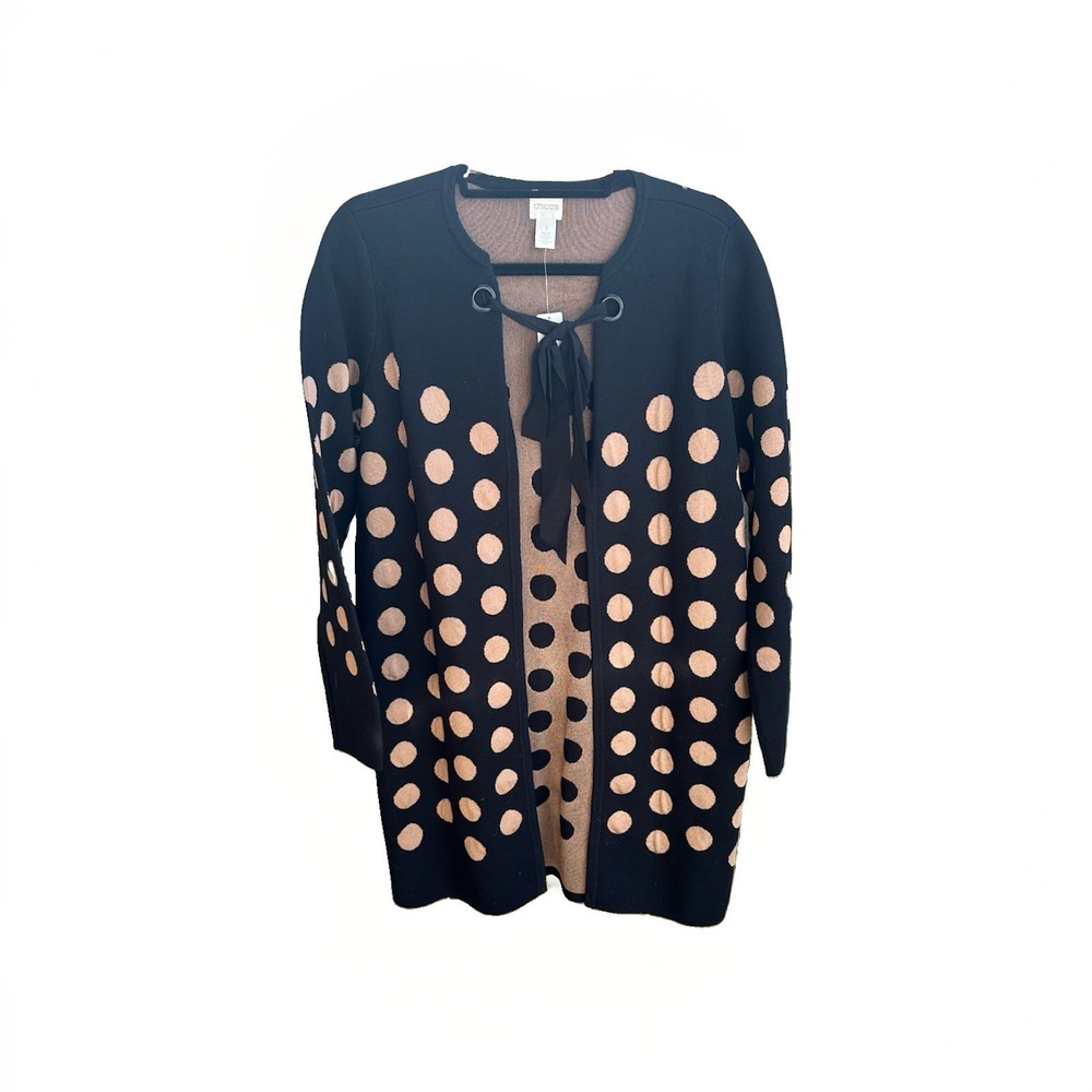 Chico's Millie Polka Dot Cardigan Sweater Black Neutral Grommet Tie Size 1 M